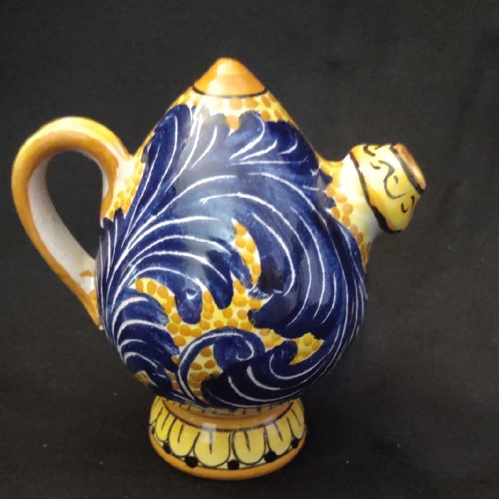 Blue and Yellow Ceramic Pottery with Ornate Patterns, Signed